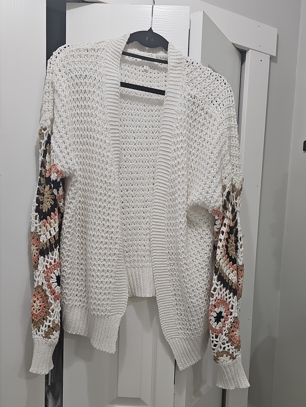 ADORA White Open-Knit Cardigan with Crochet Floral Sleeve Panels